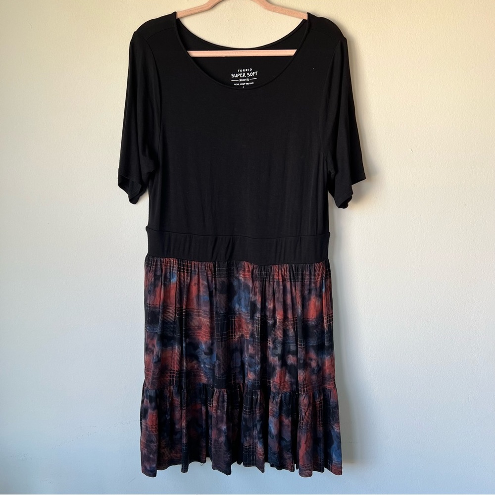 Torrid Tiered Midi Dress Super Soft Challis Multi Plaid Pockets Size 1